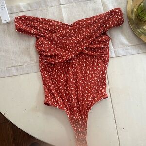 Lulu’s red floral off the shoulder body suit